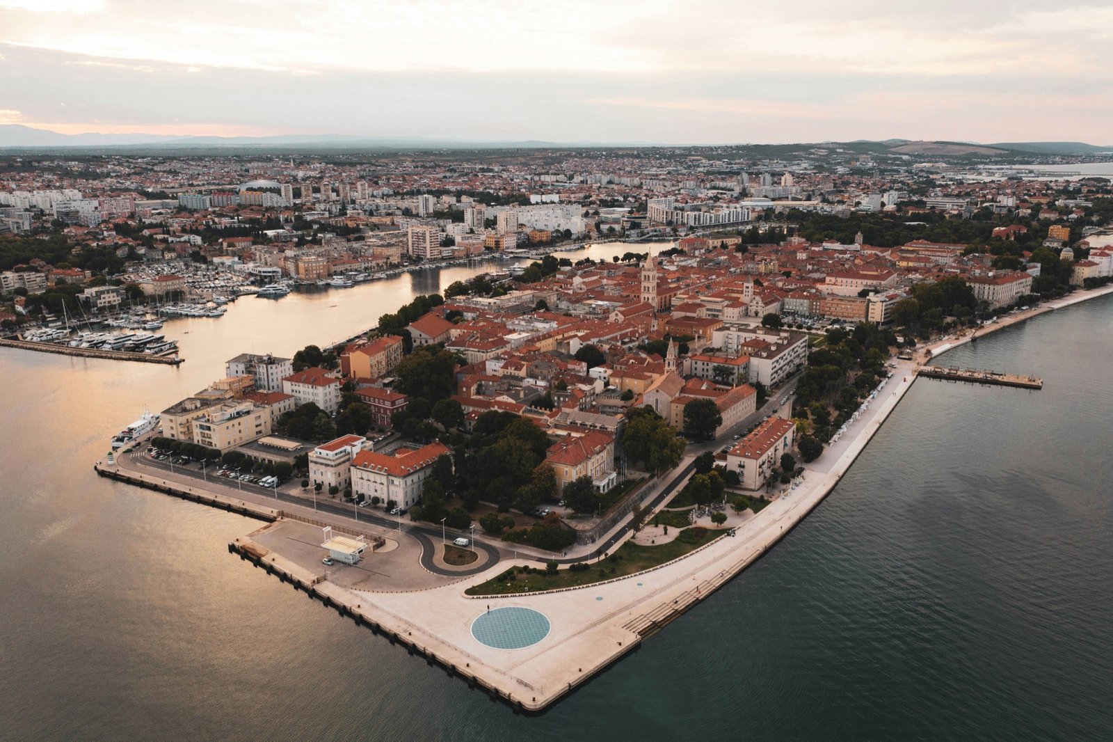 Zadar old town and waterfront aerial view